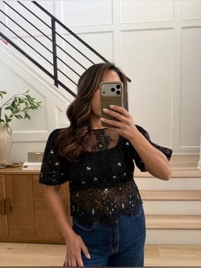 Express Black Lace Embellished Puff Sleeve Top XS Sheer Floral